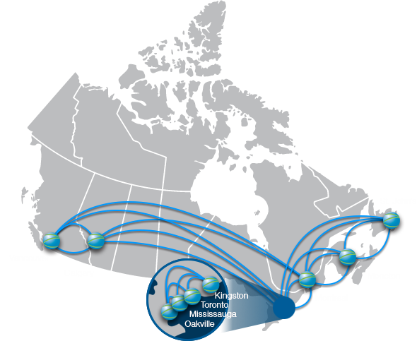 Map of Canada illustrating 9 redundant data centres across the country.